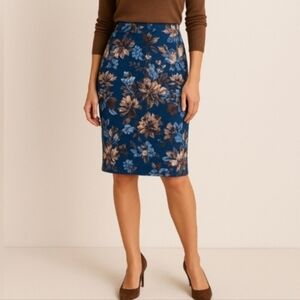 Talbot's Blue Floral Pencil Tan Fall Skirt 14